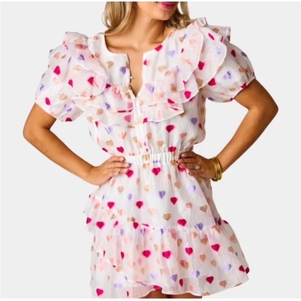 Buddy Love Norma Ruffle Short Dress Kissing Booth Heart Print White Pink - Picture 15 of 15